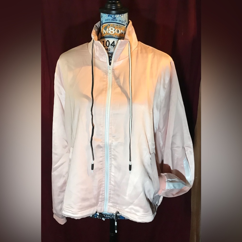 ZEAGOO Women's Satin Bomber Jacket - Pink & White - Xtra Large - w/Drawstrings